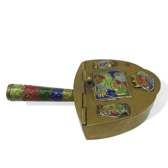 Vintage Brass And Enamel SILENT BUTLER With Decorative Handle And Hinged Lid - Picture 2 of 12